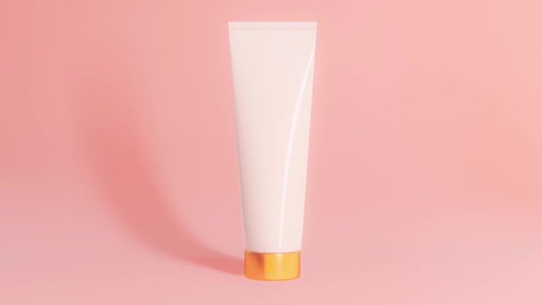 frascos cosméticos con un juego de elementos dorados de luz sobre un fondo rosa, primer plano, - Imágenes, Vídeo