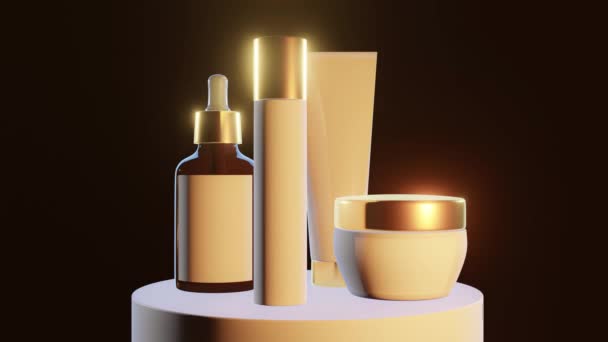 frascos cosméticos com um elemento dourado jogo de luz sobre um fundo preto pedestal, close-up, - Filmagem, Vídeo