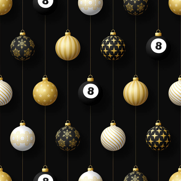 Merry Christmas billiard seamless pattern. Hang on a thread realistic billiard pool ball as a Christmas ball on black horizontal background. Sport Vector illustration. - Vector, Image
