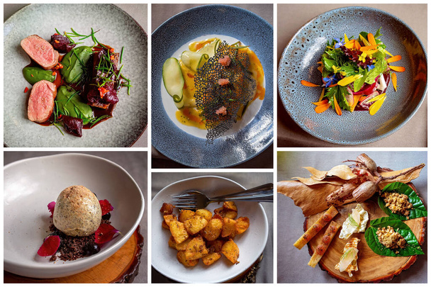Collage de cuatro imágenes de alimentos tucker de arbustos elegantemente chapados - Foto, Imagen