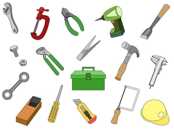 Werkzeuge Illustration Schraubenschlüssel Meißel Hobel Hammer Nogisu Elektrische Bohrfadensäge Werkzeugkasten Zangen, etc - Vektor, Bild
