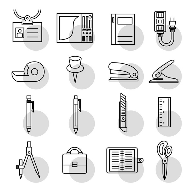 Business items, icon materials, notebooks, PC notebooks, extension cords, scissors, bags, thumbtacks, mechanical pencils, etc - Vector, Image