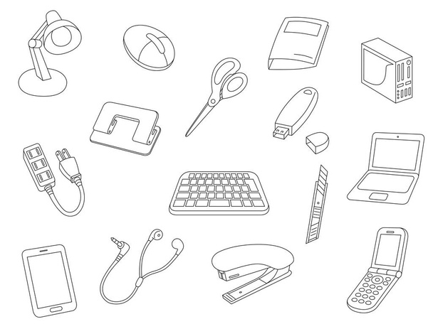 Лінійне мистецтво, приладдя для бізнесу, персональні комп'ютери, смартфони, мобільні телефони, ножиці, миші, клавіатури, ПК, USB тощо
 - Вектор, зображення