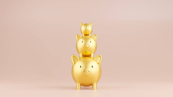 3D geïllustreerd illustratie van drie gouden piggy banken in een stapel. Bedrijfs- en financieringsconcept. - Foto, afbeelding