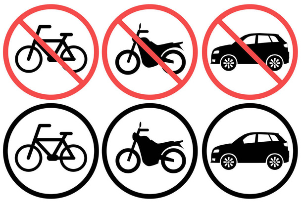 Ποδήλατα, μοτοσικλέτες, αυτοκίνητα, χώρος στάθμευσης απαγορεύεται, απαγορεύεται η χρήση, απαγορεύεται η στάθμευση, απαγορεύεται η χρήση ποδηλάτων, απαγορεύεται η χρήση - Διάνυσμα, εικόνα