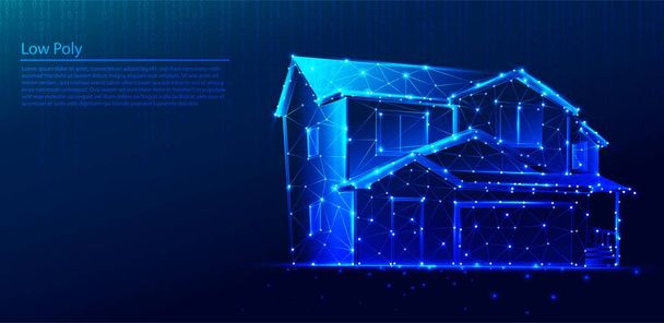 Polygonal mansion or house on dark blue tech background, triangles and particle style design. - Vector, Image