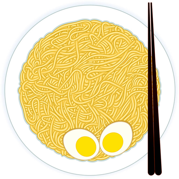 Chinese noedels op bord met gekookte eieren en stokjes. Spaghetti, pasta of ramen noedels op witte achtergrond. Vectorillustratie - Vector, afbeelding