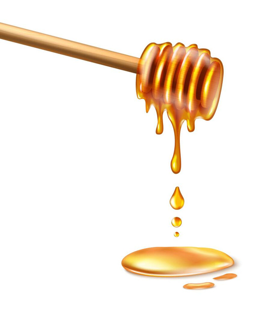 3d realista vector miel peine cuchara de madera en miel y gotas de miel. - Vector, Imagen