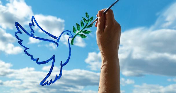 woman hand makes a drawing on the glass. dove is a symbol of peace. pigeon with olive branch. draw paint on the window - Photo, Image