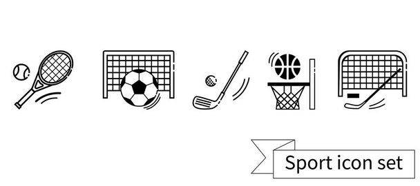 Vector Sammlung linearer schwarzer Sportsymbole. Hockey, Basketball, Fußball, Golf und Tennis. - Vektor, Bild