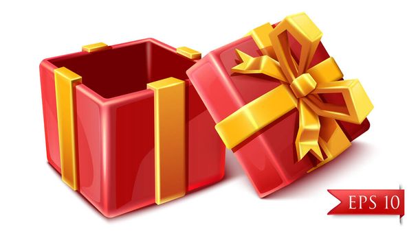 vector cartoon style red celebration box with golden ribbons opened isolated on white background. - Vector, Image