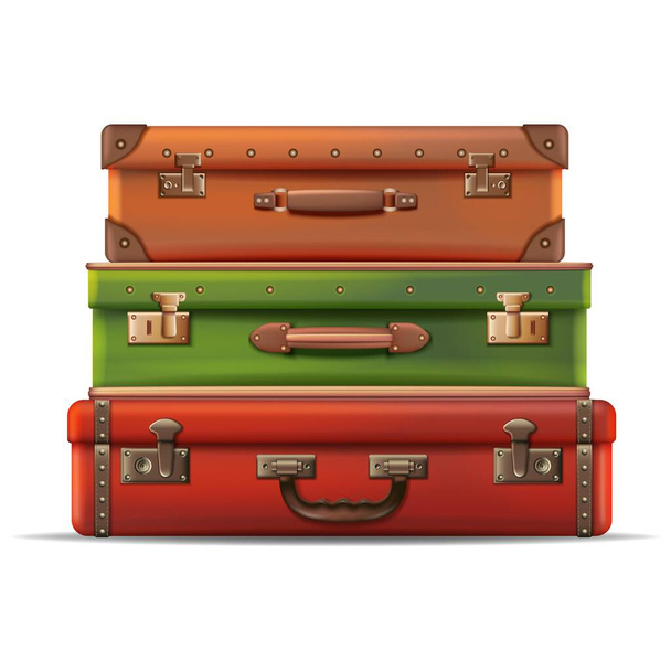 3d realistic vector collection of different sizes travel luggage, retro old style in leather. Isolated on white background. - Vector, Image