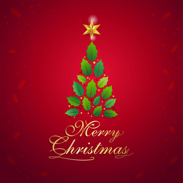 Καλά Χριστούγεννα κάρτα με γραφικό χριστουγεννιάτικο δέντρο και χρυσό αστέρι στην διανυσματική απεικόνιση - Διάνυσμα, εικόνα
