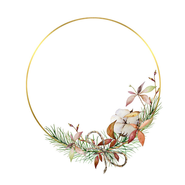 Weihnachtskranz mit goldenen Kreisen, mit einem Baum, mit Zweigen und Baumwolle. Winterkranz in Aquarell bemalt - Foto, Bild