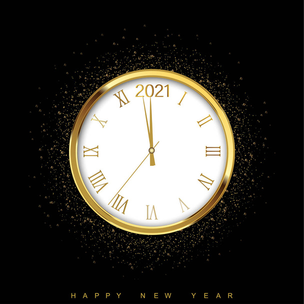Goldglänzendes, transparentes Banner für Neujahr mit verschwommener, runder Uhr. Vektor. - Vektor, Bild