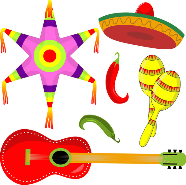 Meksykańska pinata, sombrero, gitara, marakasy, papryka na białym, izolowanym tle - Wektor, obraz