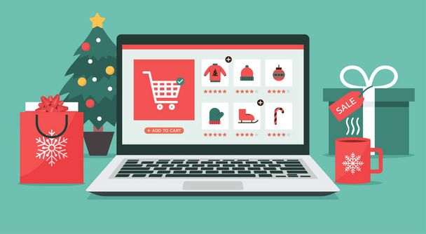 Vánoční online nákupní koncept na obrazovce notebooku s dárkovými krabicemi, nákupními taškami a vánočním stromečkem na stole, prodej zimní dovolené, plochá ilustrace - Vektor, obrázek