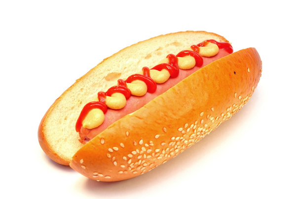 Hot dog with tomato ketchup and mustard - Fotoğraf, Görsel