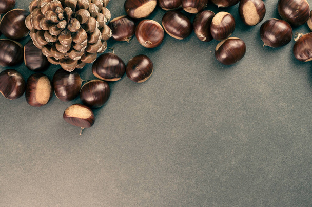 A high angle shot of hazelnuts and a pine cone - Фото, изображение