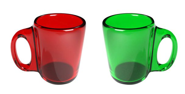 Bicchieri trasparenti in vetro rosso e verde. Illustrazione 3d isolata su sfondo bianco. - Foto, immagini