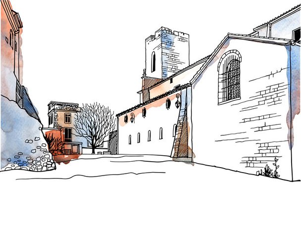 A romantikus Provence régi utcája, Franciaország. Szép táj kézzel rajzolt vázlat stílusban. Vonalművészet. Faldekoráció. Vektor illusztráció háttér akvarell - Vektor, kép