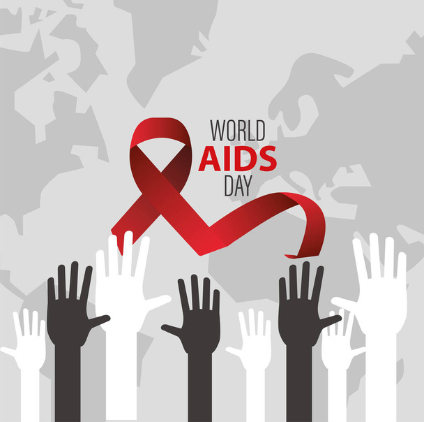 iscrizione della giornata mondiale dell'AIDS con le mani in alto e il nastro rosso nelle mappe della terra - Vettoriali, immagini