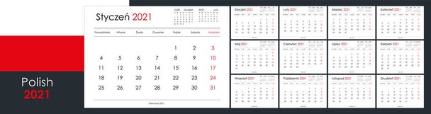 Calendar and planner for 2021 year. Week starts on Monday. 12 boards, months set. Simple wall layout. Clear template. Polish language. Copy space. Yearly layout. Monthly format A4. Ready for print. - Vector, Image