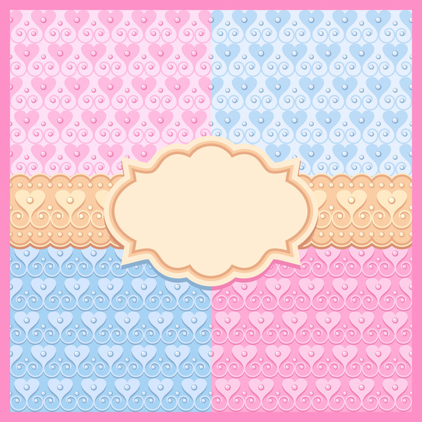 Pink and blue vector seamless patterns with hearts and frame - Vector, Imagen