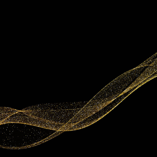Brillante ola dorada con chispas. Líneas onduladas dinámicas sobre fondo negro. Efecto de luz mágica - Foto, imagen