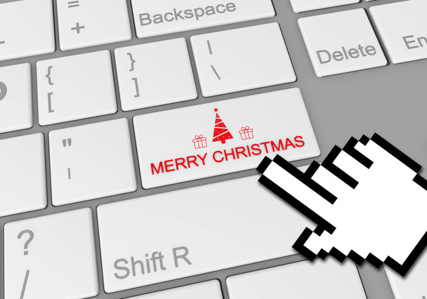 A mouse clicking a special "Merry Christmas" button on a laptop keyboard - Φωτογραφία, εικόνα
