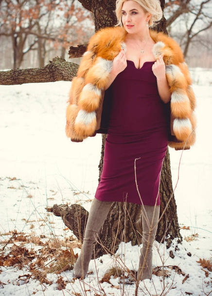 Зима - осенний сезон, праздничная концепция. Вдохновение и холодное время феи. Женщина в модном шерстяном платье и шубе в парке. Милая симпатичная дама на открытом воздухе, праздничные дни, снежное волшебное Рождество - Фото, изображение
