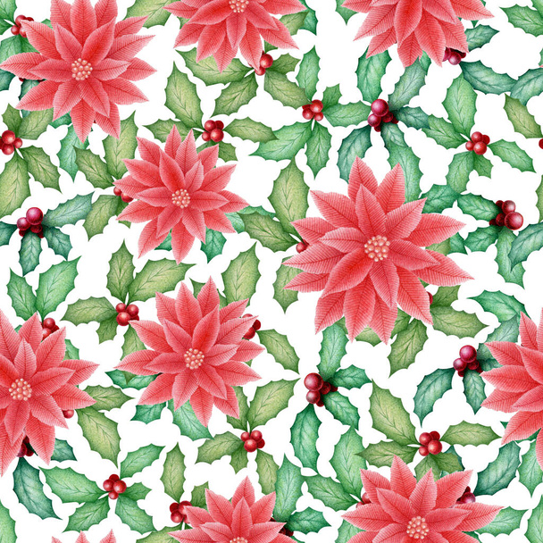 Christmas seamless watercolor pattern with hand drawn poinsettia and holly plant isolated on white background. Illustration for print, card, invitation, wallpaper, fabric, home decor - 写真・画像