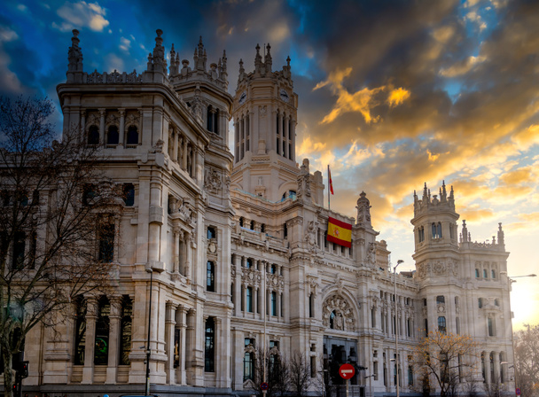 Madrid city hall under a cloudy sky at sunset, Spain - Photo, Image