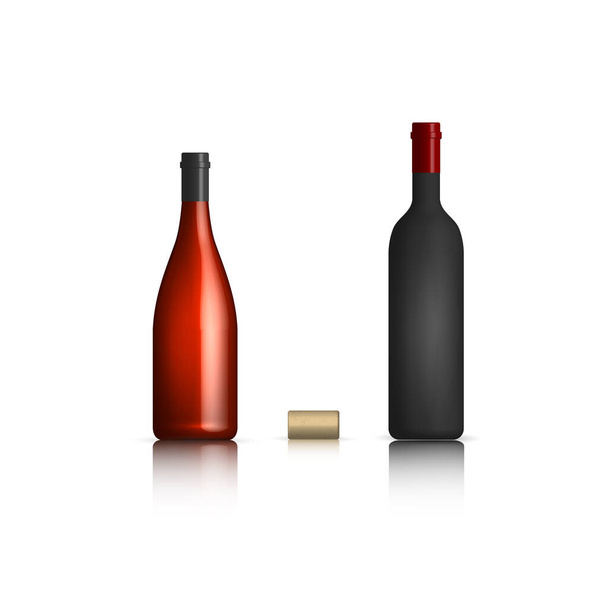 Bottiglie fotorealistiche di vino rosso con tappo di sughero. Vista frontale, illustrazione vettoriale. - Vettoriali, immagini