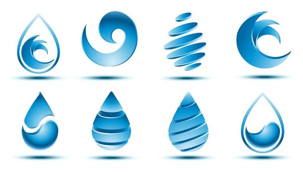Kolekcja wektorowa abstrakcyjnego niebieskiego logo kropli wody z cieniem na białym tle. - Wektor, obraz