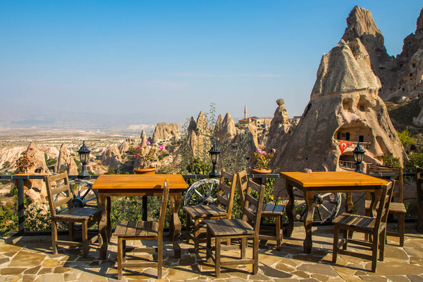 Valley of doves panoramic view near Uchisar castle in sunrise, Cappadocia - Photo, Image