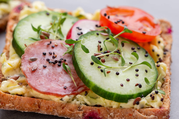 Variety of mini sandwiches with cream cheese, vegetables and salami. Sandwiches with cucumber, radish, tomatoes, salami on a gray background, top view. Flat lay. - 写真・画像
