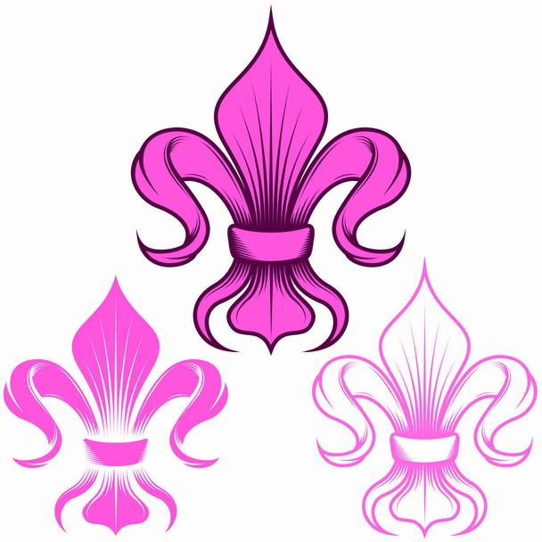 Fleur de lis disegno vettoriale in tre stili diversi, rappresentazione del fleur de lis, simbolo usato nell'araldica medievale. Tutto su sfondo bianco. - Vettoriali, immagini