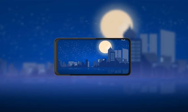A realistic modern phone takes a photo or captures of a beautiful night city against the backdrop of stars and moons. The citys lost background. Realistic reflections and shadows. Vector illustration - Vector, Image