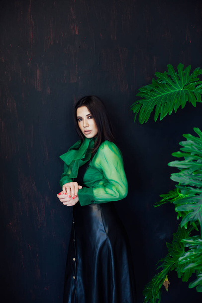 Portrait of a beautiful fashionable brunette woman in black green leaf dress - Foto, Imagen
