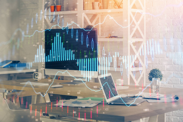 Financial market graph hologram and personal computer on background. Double exposure. Concept of forex. - Foto, Imagen