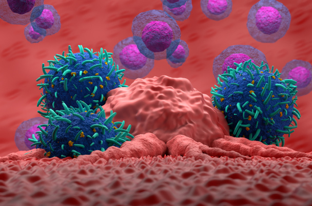 T-cells attack cancer tumor 3D render illustration closeup - Photo, Image