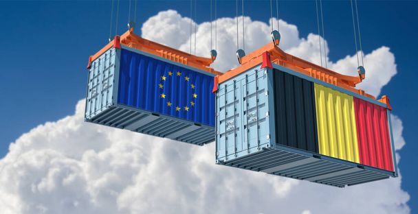 Nákladní kontejnery s vlajkami Evropské unie a Belgie. 3D vykreslování  - Fotografie, Obrázek