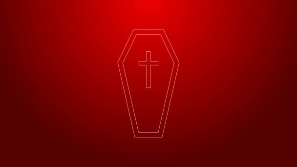 Linha verde Coffin com ícone de cruz cristã isolado no fundo vermelho. Feliz festa de Halloween. Animação gráfica em movimento de vídeo 4K - Filmagem, Vídeo