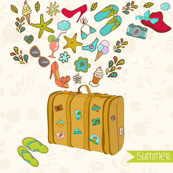 Vector summer card with retro suitcase - Vector, Image