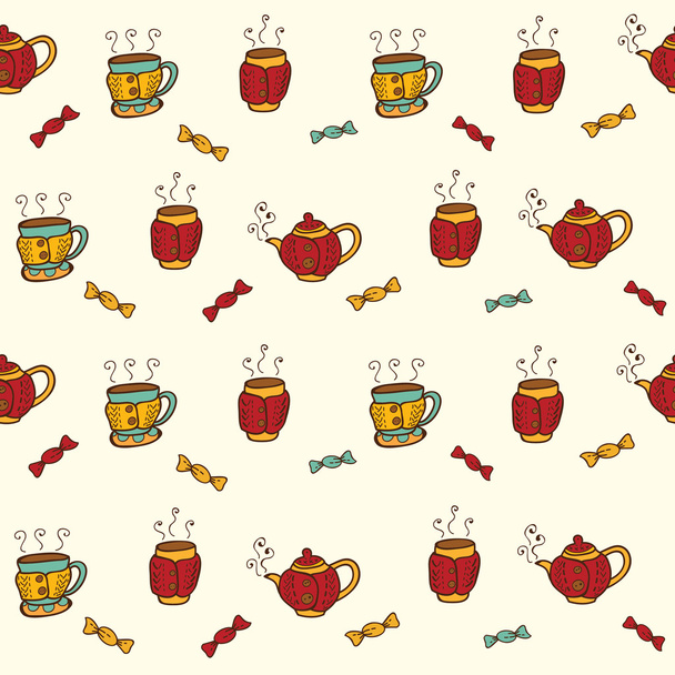 Vector seamless pattern with teapot, cups and candies - Vector, Image