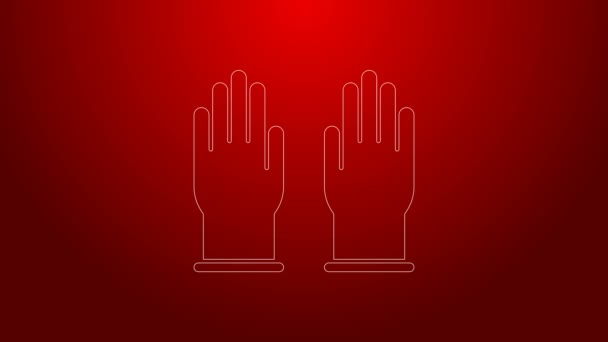 Groene lijn Rubber handschoenen icoon geïsoleerd op rode achtergrond. Latex handbescherming. symbool voor huishoudelijke schoonmaakmiddelen. 4K Video motion grafische animatie - Video