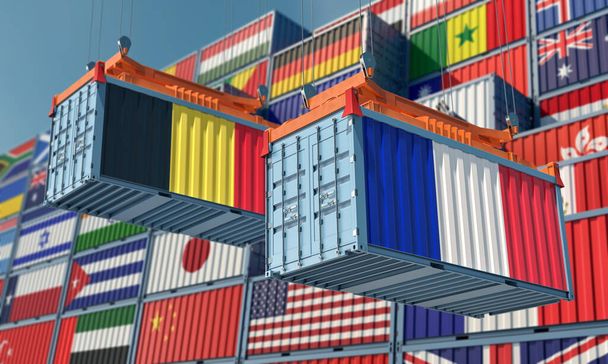 Frachtcontainer mit französischen und belgischen Nationalflaggen. 3D-Rendering  - Foto, Bild