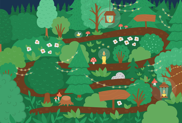 Vector Verjaardagsfeest bosachtergrond met pad dat leidt naar een open plek. Grappige vakantie nacht bos scène met bloemenslingers, kaarsen, verkeerstekens. Platte illustratie voor kinderen - Vector, afbeelding