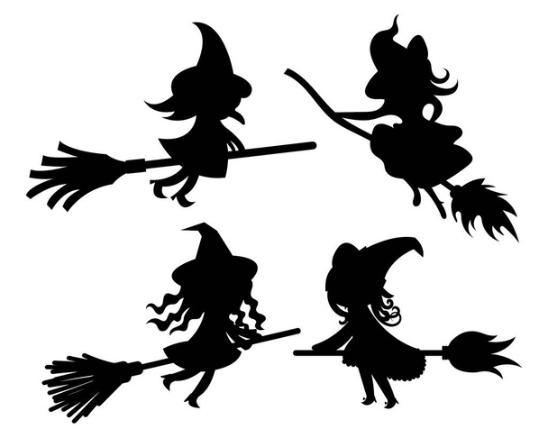 Vector illustration of Black Silhouette of Witch on Broomstick - Vector, Image